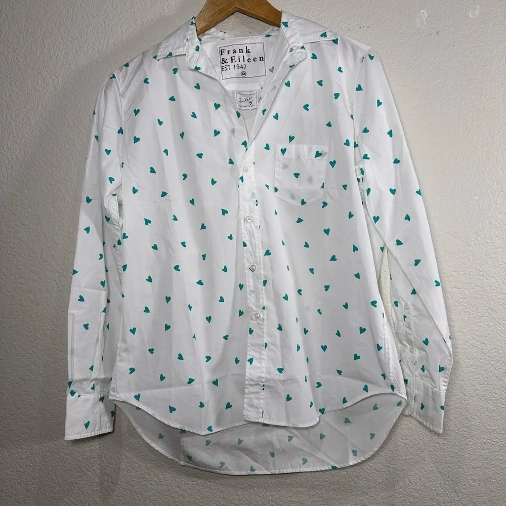 Frank &‎ Eileen Eileen White Teal Heart Print Cotton Button Up Shirt XS Womens